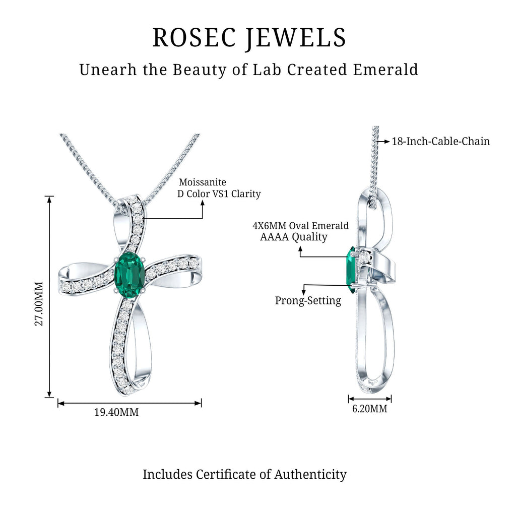 Certified Lab Grown Emerald Christian Cross Necklace With Silver Chain