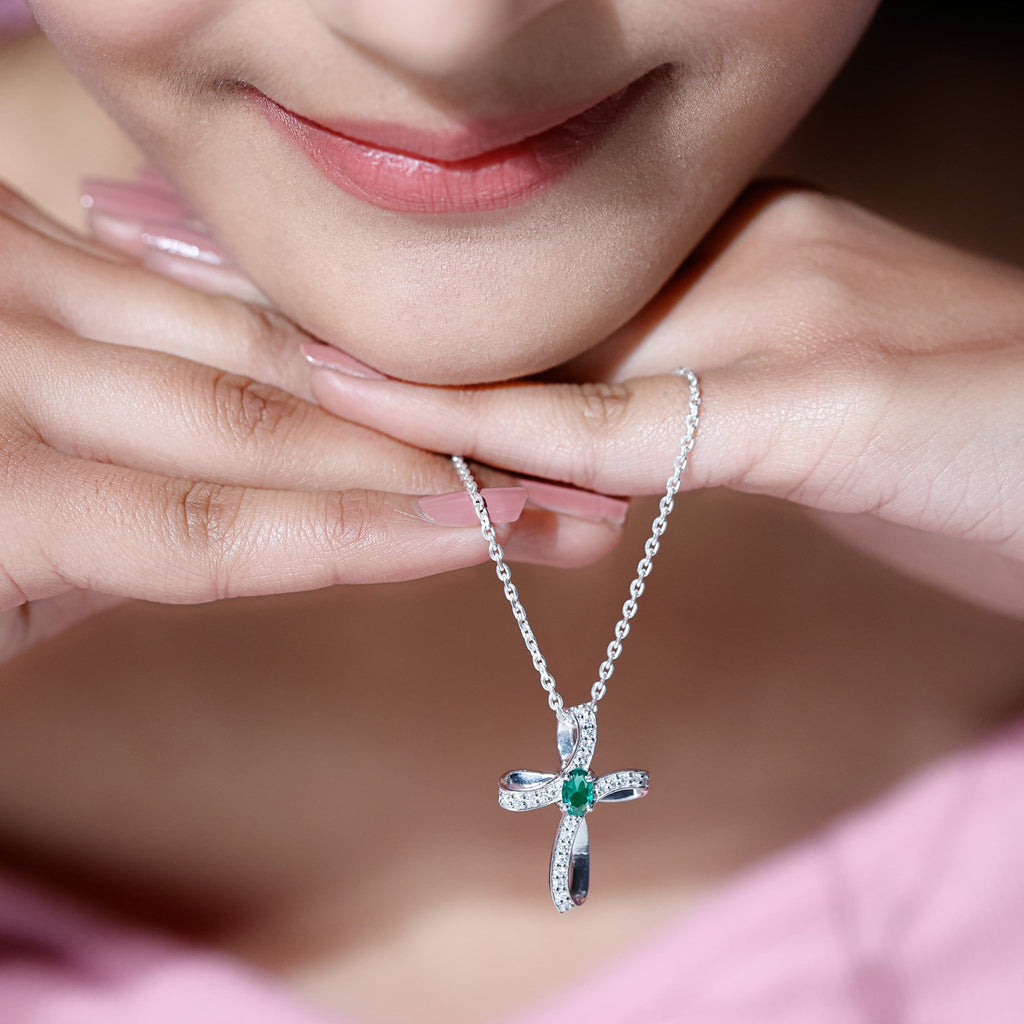 Certified Lab Grown Emerald Christian Cross Necklace With Silver Chain