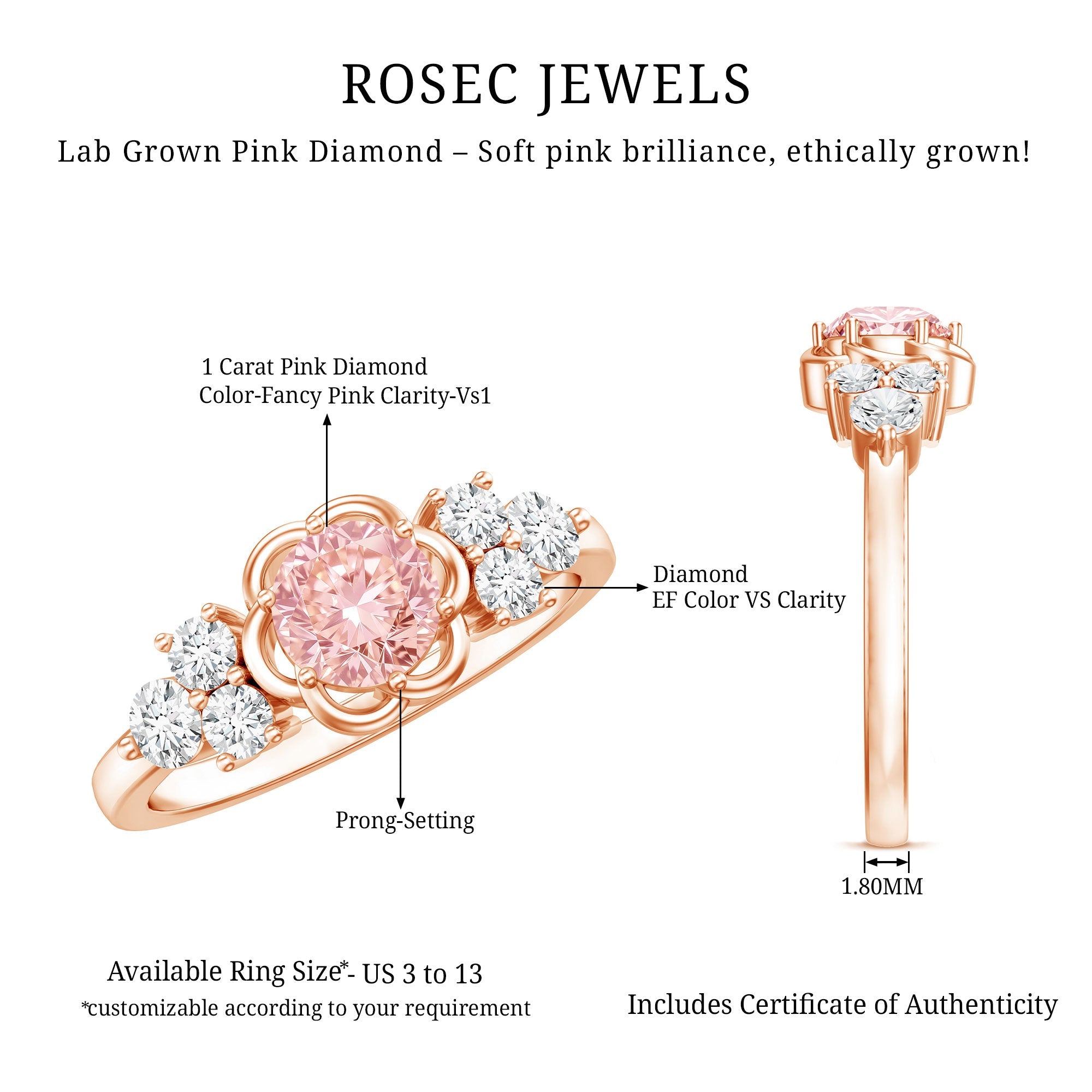 Nature Inspired Lab Grown Pink Diamond Flower Engagement Ring with IGI Certificate