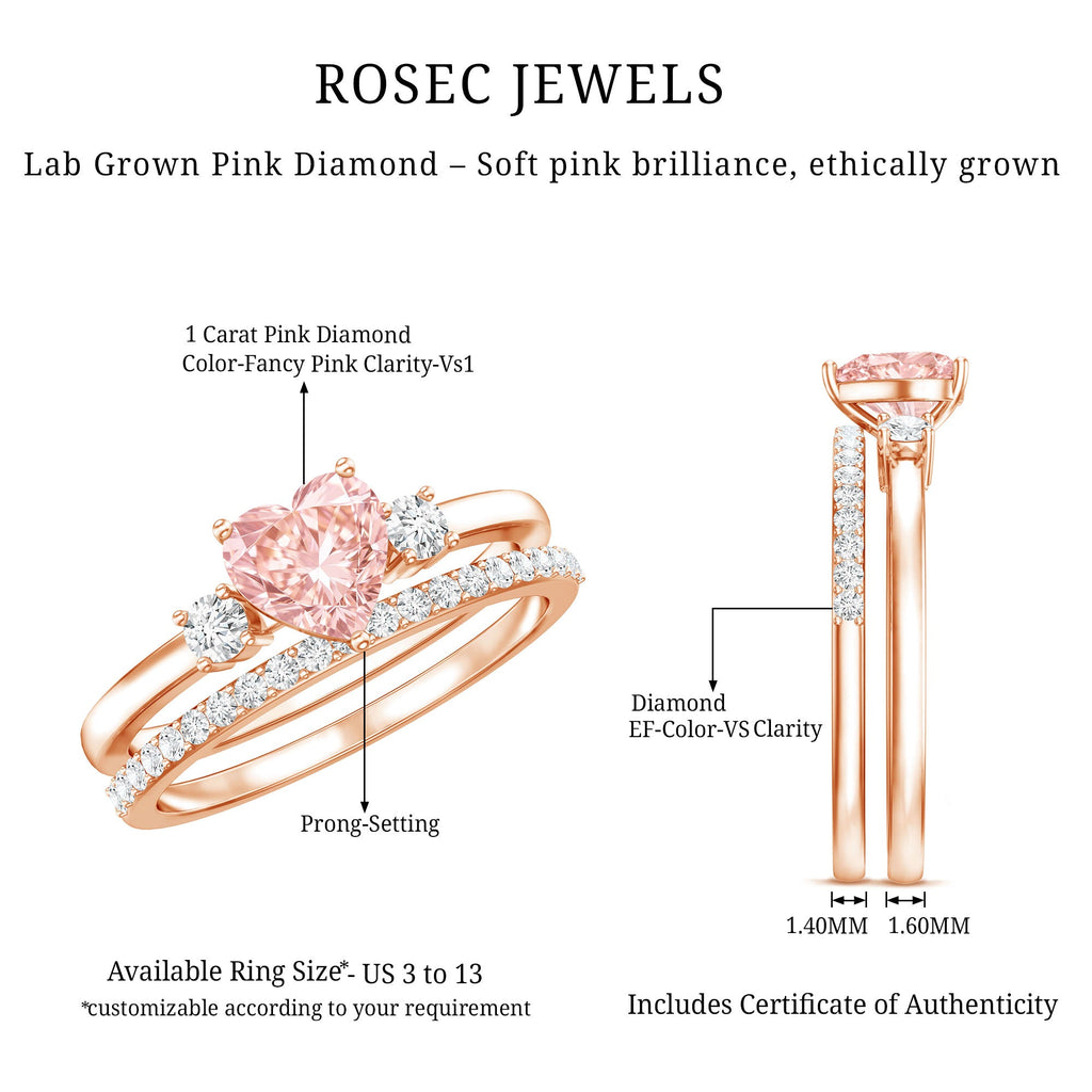 IGI Certified Lab Grown Pink Heart Engagement Ring With Diamond Wedding Band