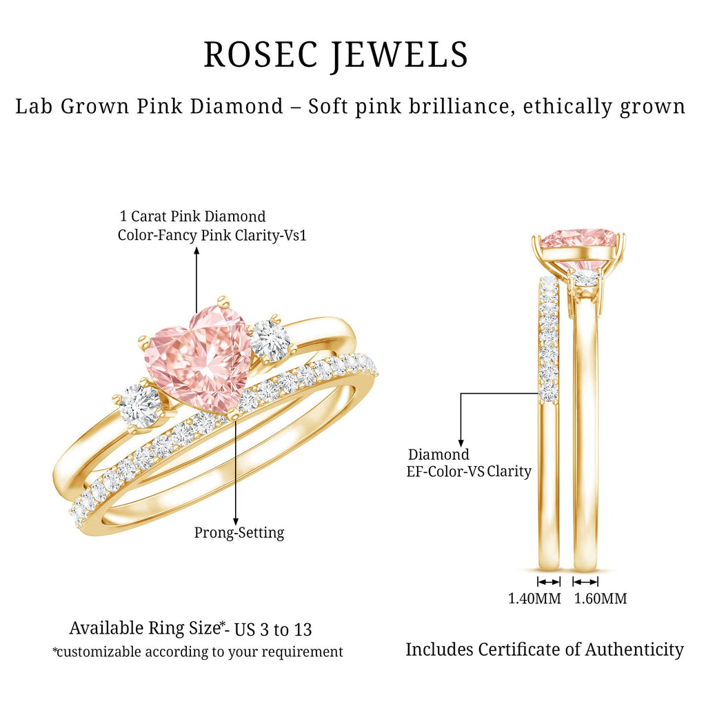 IGI Certified Lab Grown Pink Heart Engagement Ring With Diamond Wedding Band