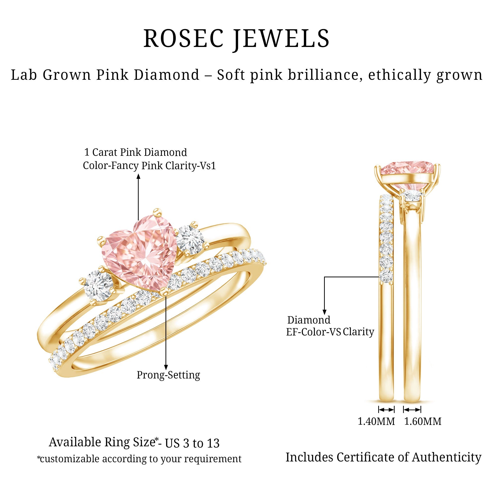 IGI Certified Lab Grown Pink Heart Engagement Ring With Diamond Wedding Band