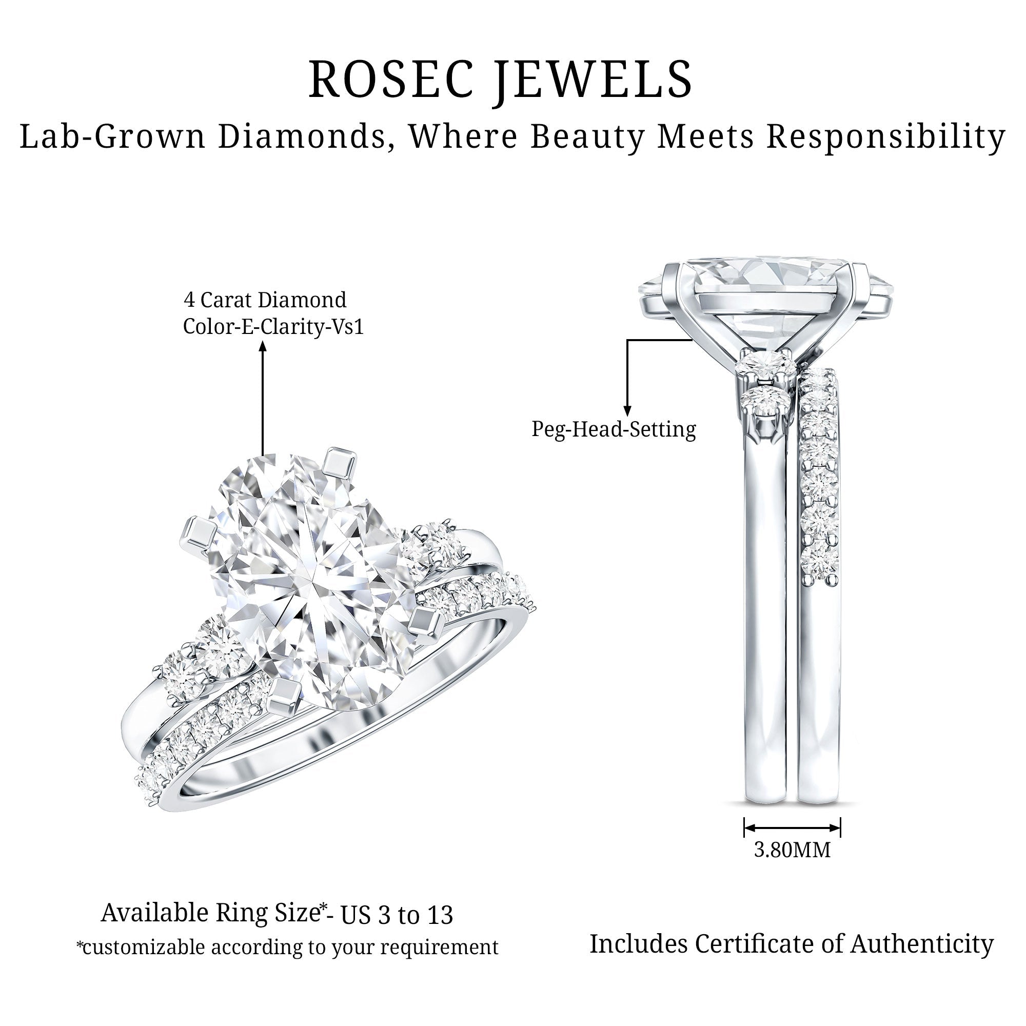4 Carat Oval Wedding Ring Set with IGI Certified Lab Grown Diamond