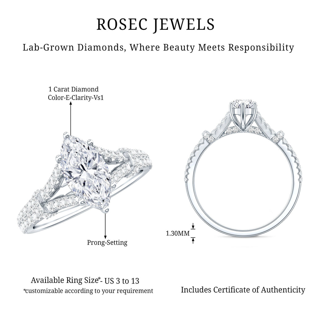 1 Carat Marquise Cut Lab Grown Diamond Split Shank Engagement Ring with IGI Certificate