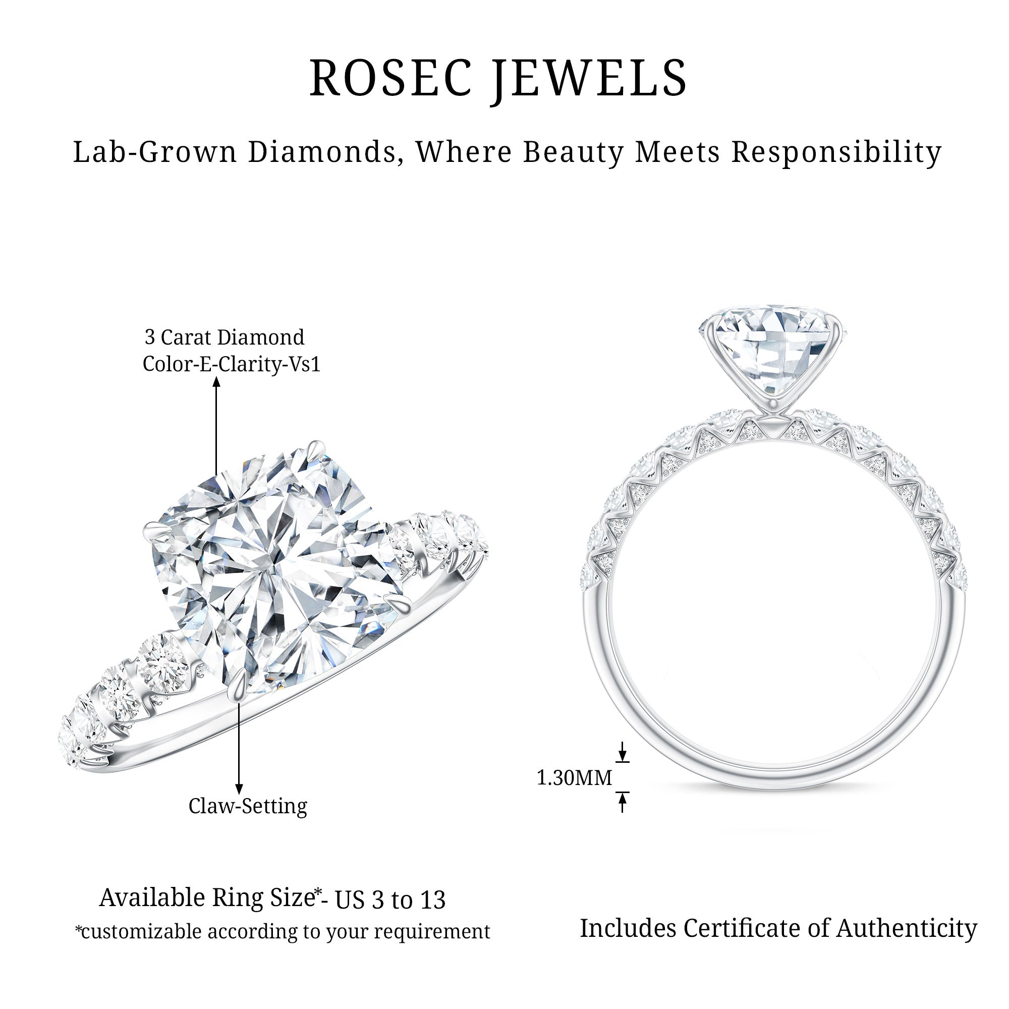 3 Carat IGI Certified Lab Grown Diamond Cushion Cut Engagement Ring with Side Stones