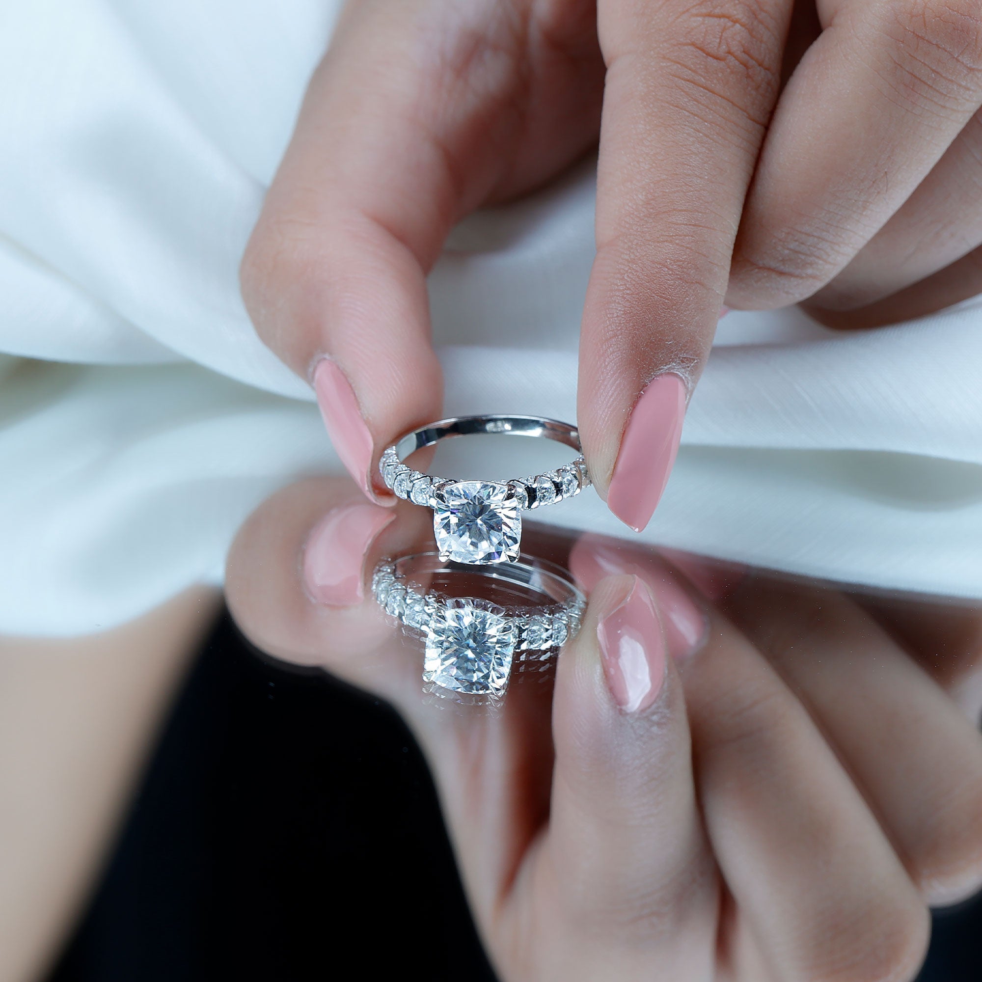 3 Carat IGI Certified Lab Grown Diamond Cushion Cut Engagement Ring with Side Stones