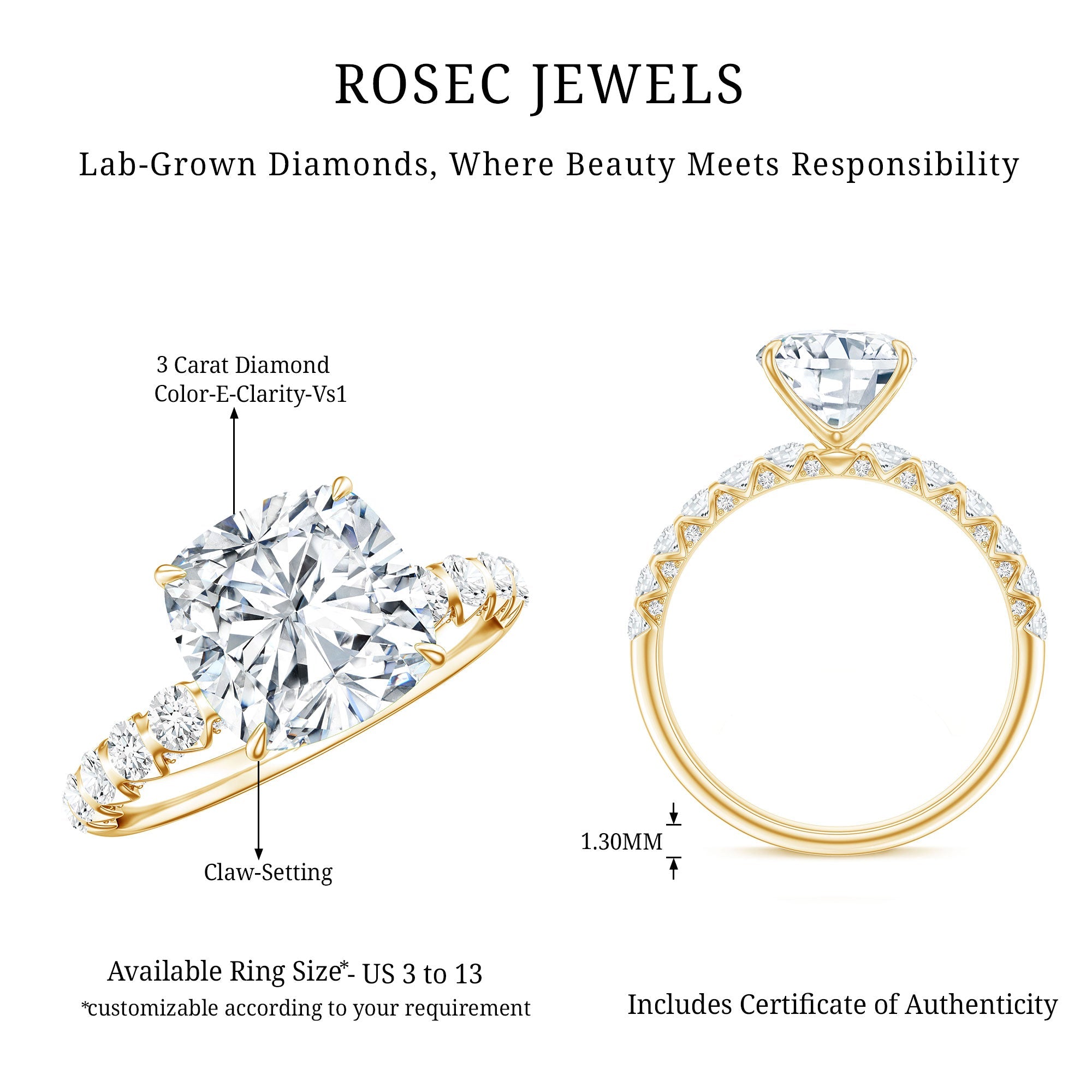 3 Carat IGI Certified Lab Grown Diamond Cushion Cut Engagement Ring with Side Stones