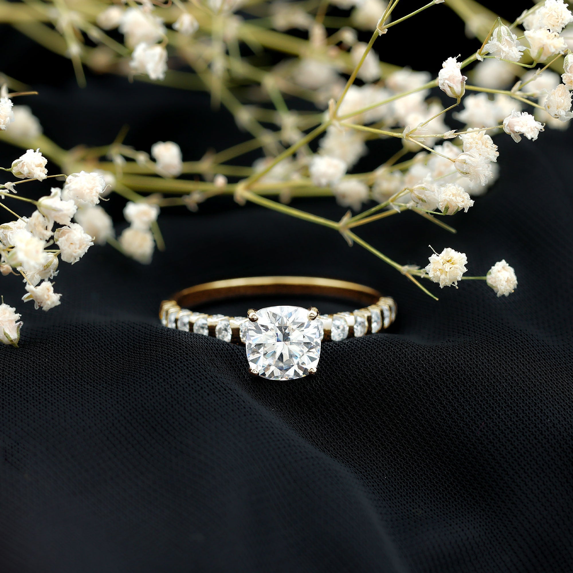 3 Carat IGI Certified Lab Grown Diamond Cushion Cut Engagement Ring with Side Stones