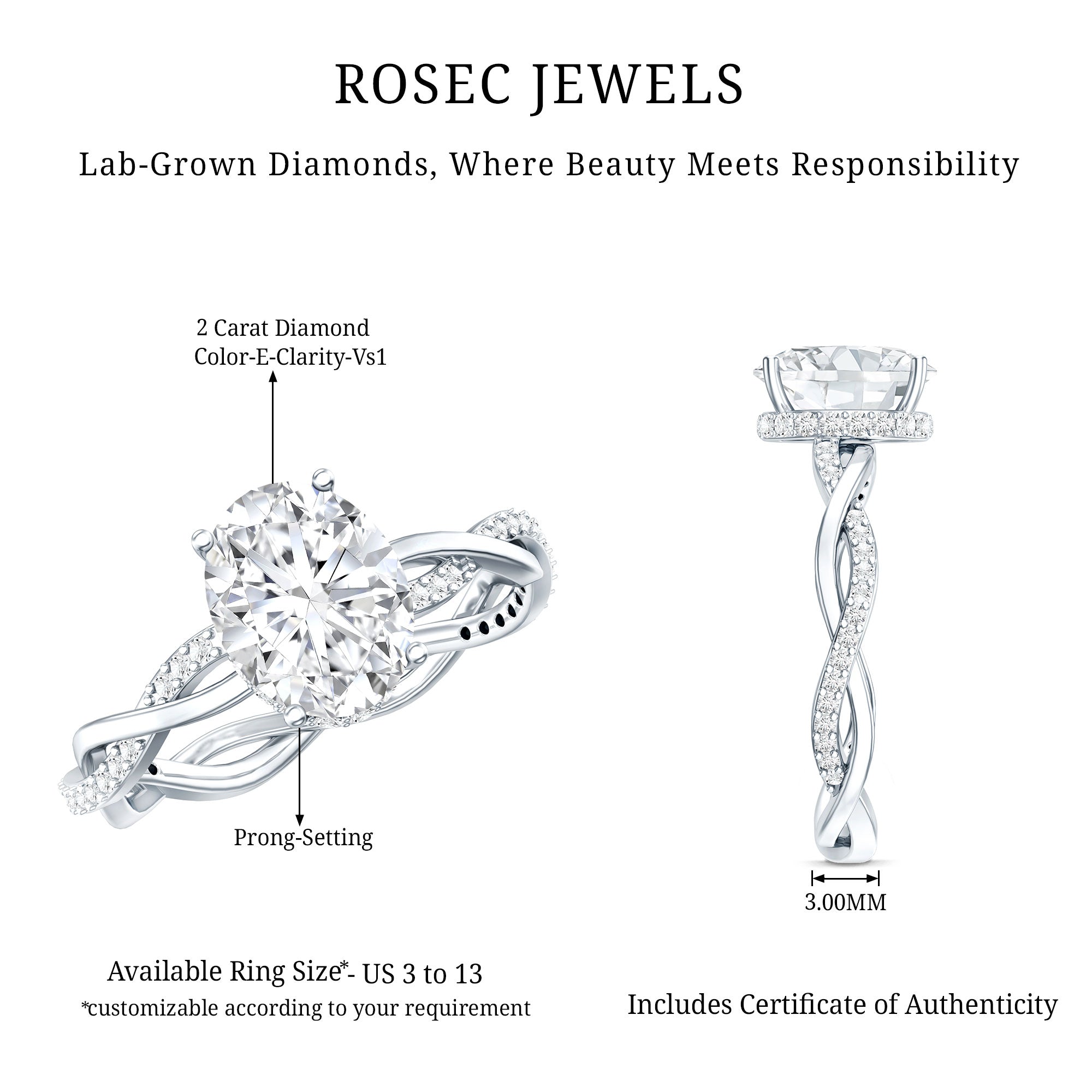 IGI Certified 2 Carat Lab Grown Diamond Oval Hidden Halo Engagement Ring with Braided Band