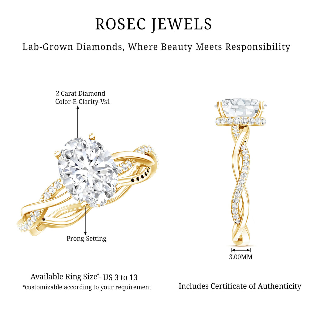 IGI Certified 2 Carat Lab Grown Diamond Oval Hidden Halo Engagement Ring with Braided Band