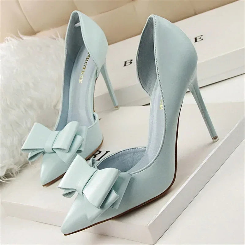 Spring Party Elegant Pink Butterfly-Knot High Heels Women Fashion Wedding Dress Pumps Side Hollowed Stiletto Shoes