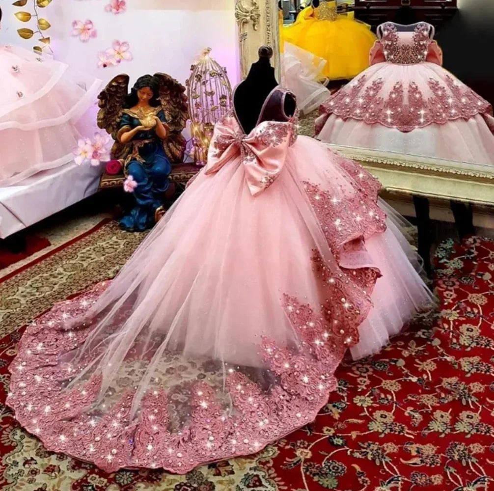 Custom Flower Girl Dress First Christmas Dress Wedding Party Gown Mint Green Lace Beaded Train Kids Evening Dress فساتين