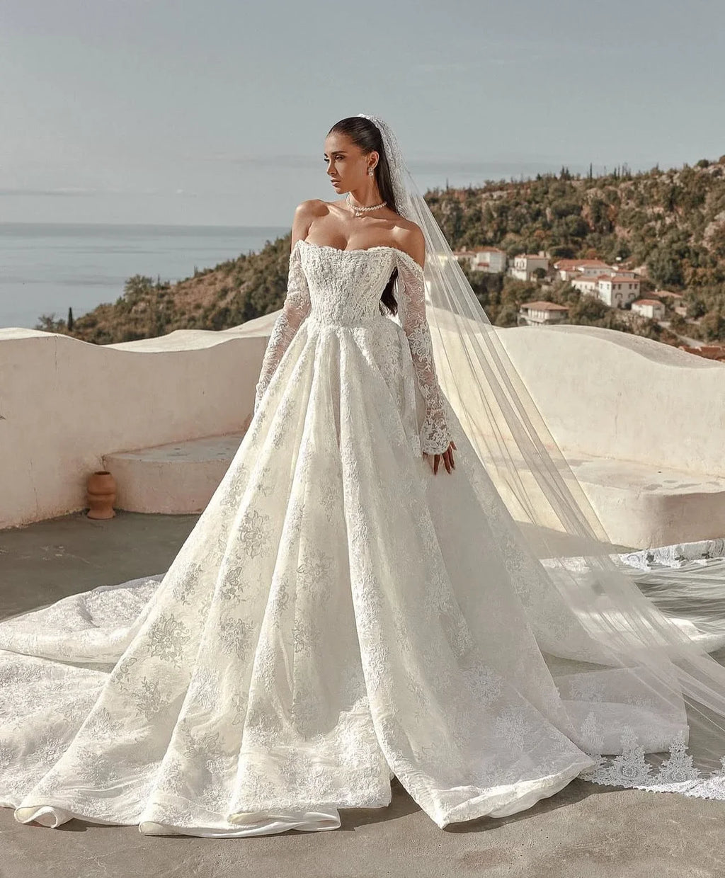 Customized Lace Wedding Dress Long Sleeve Estilo Princesa Elegantes White Bespoke Vestido Abiti Da Sposa Noiva Vestido de novia