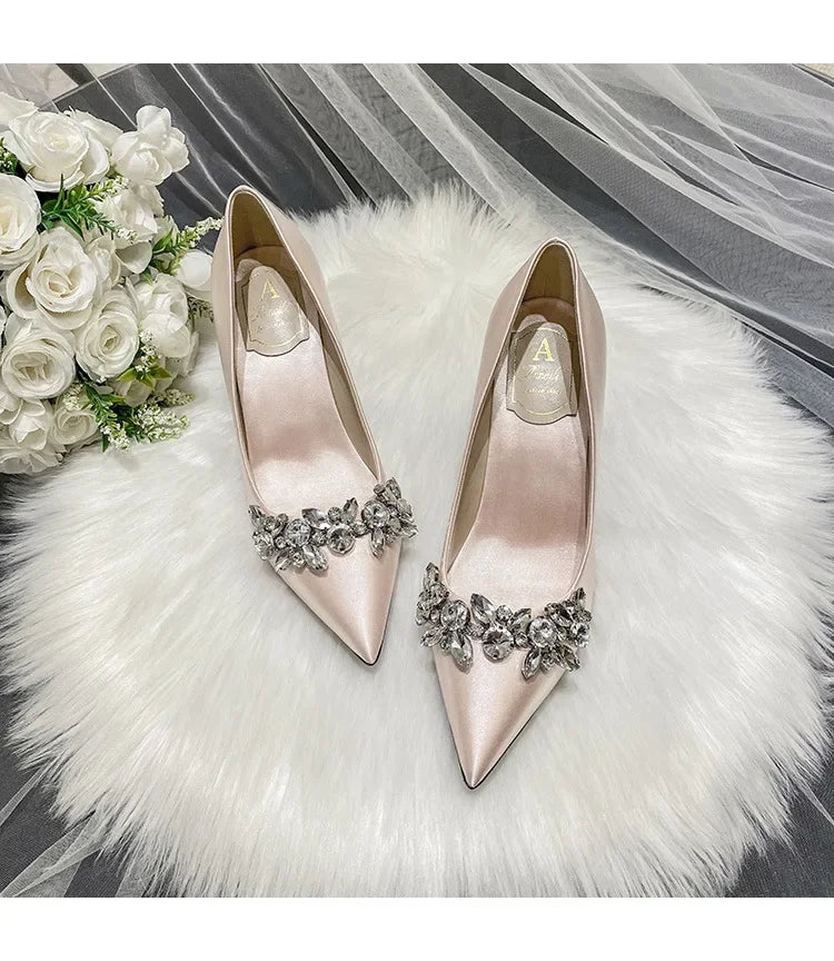 New White Champagne Women Bridal Wedding Shoes Faux Silk Satin Rhinestone Crystal Shallow Pumps Stiletto High Heel