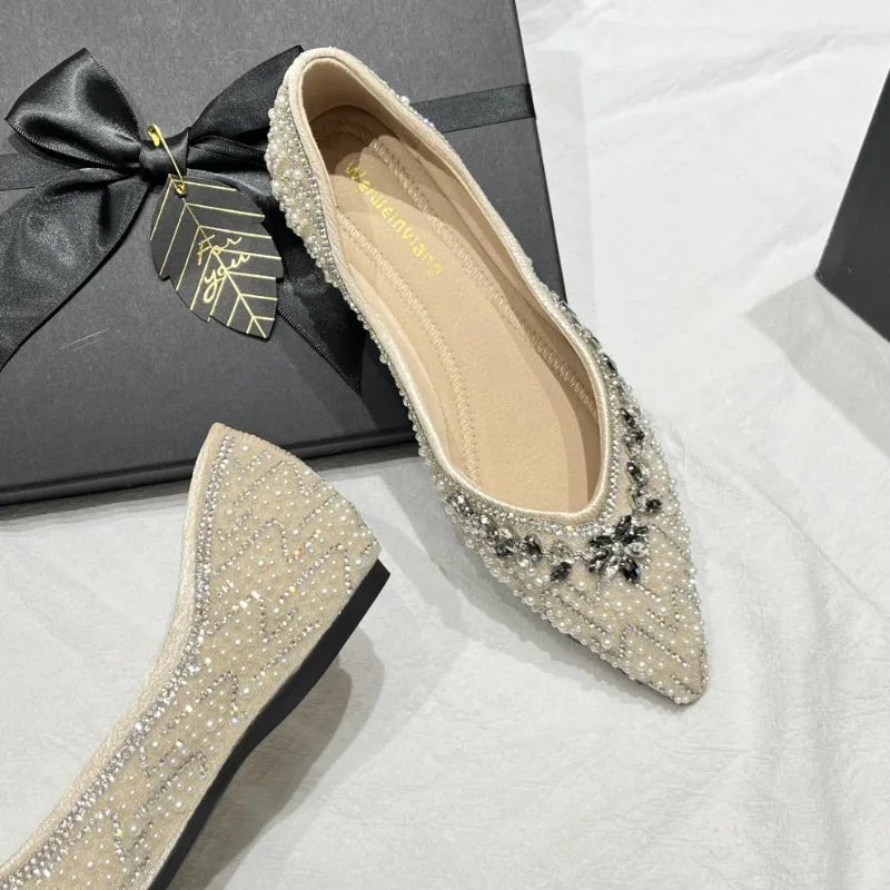Luxury String Bead Rhinestone Brand Flat Shoes Women Comfort Square Toe Shallow Design Shoes Fashion Elegant Wedding Bridal Shoe