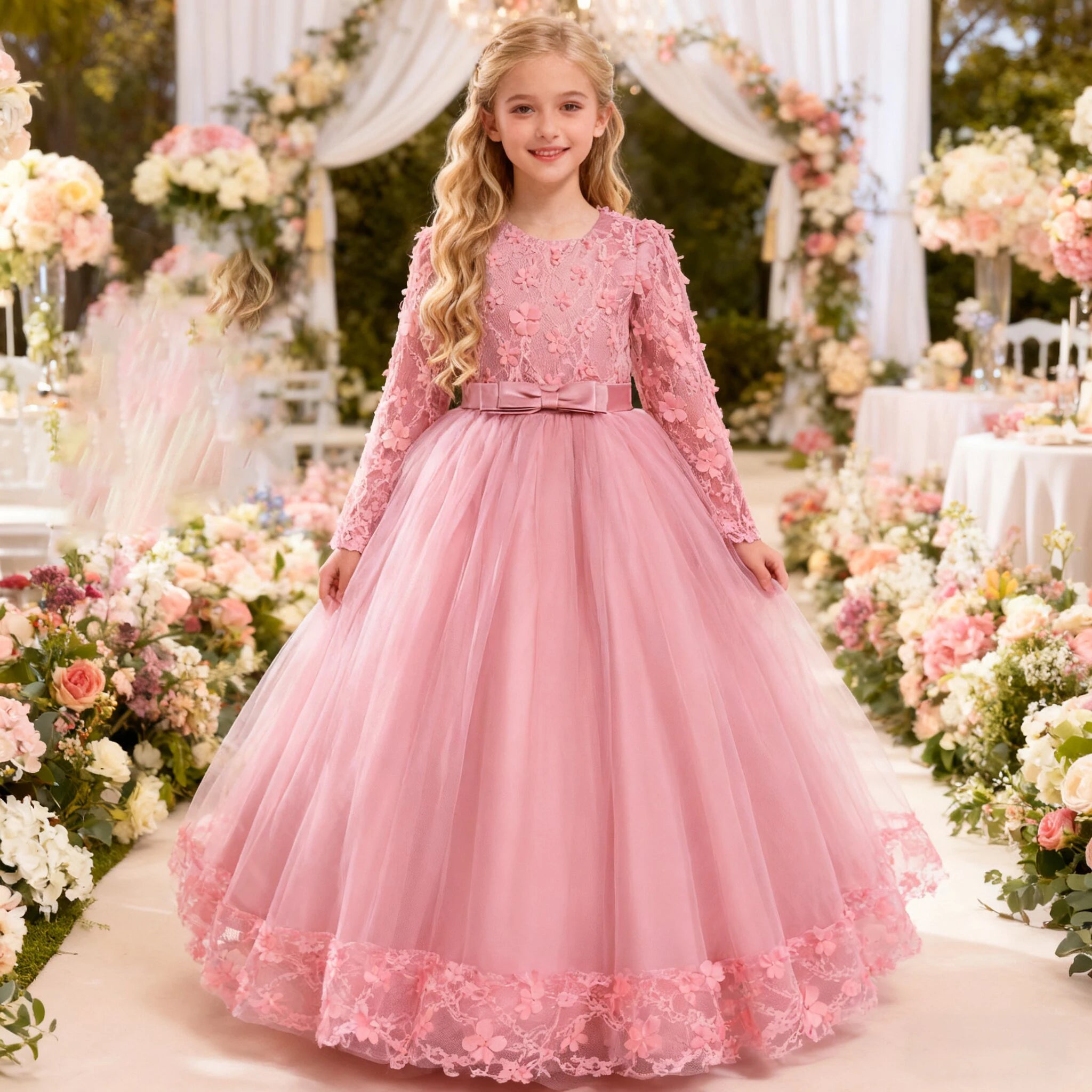 Long-Sleeve Lace Junior Bridesmaid Dress