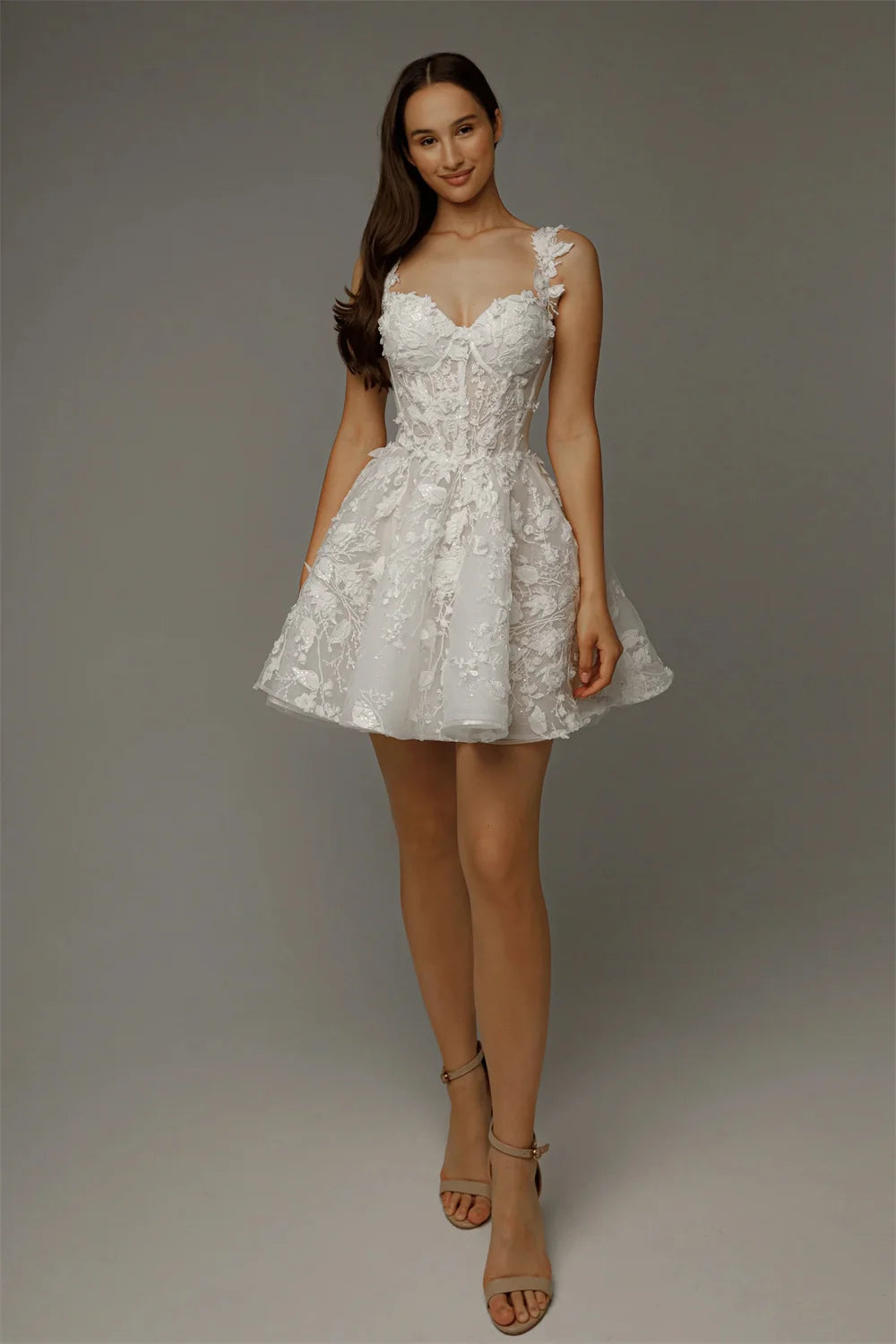 Beautiful Two Straps Sweethat Full 3d Flower Lace Appllque Short/Mini Wedding Dresses Custom Made Bridal Grown Vestido De Noival