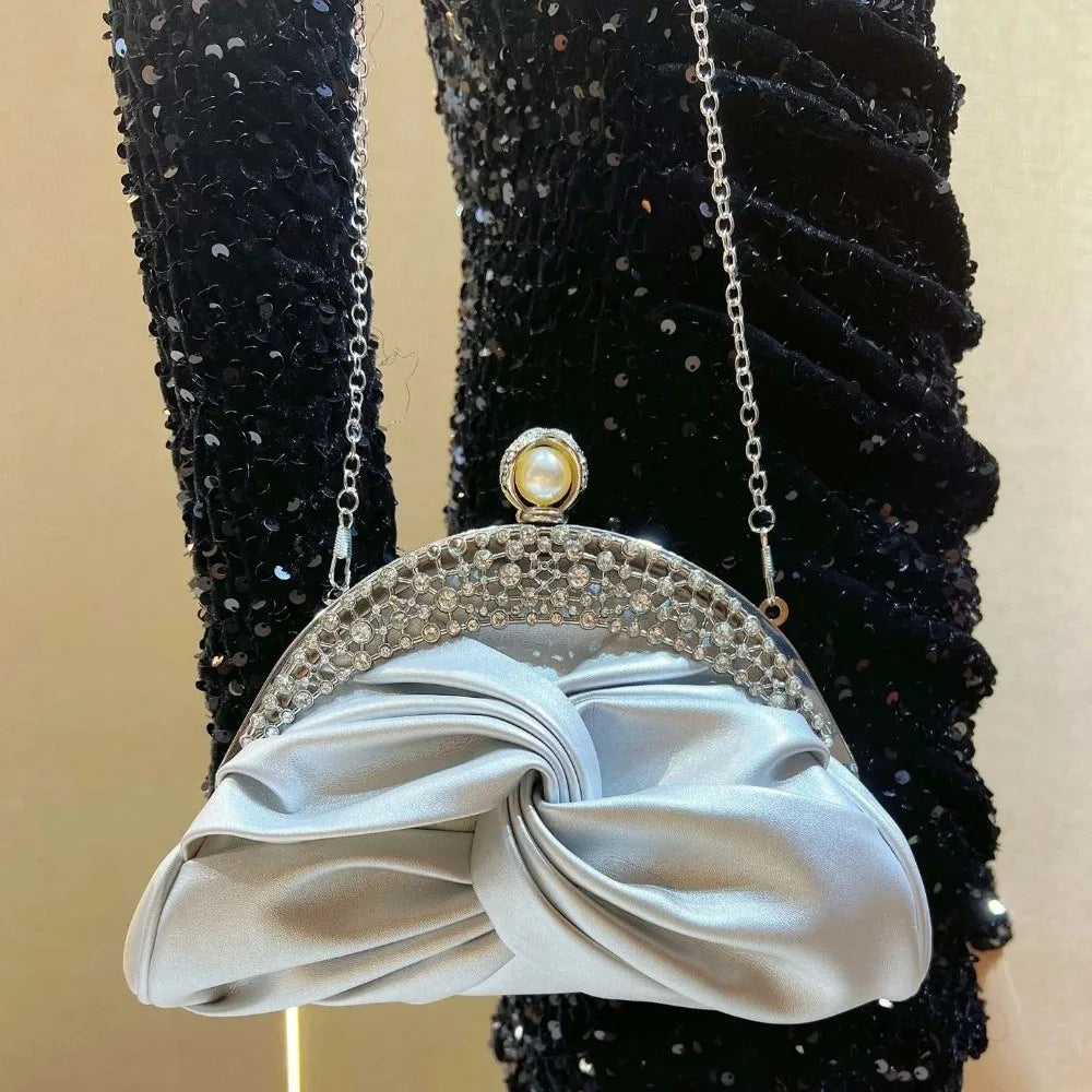 Sparkly Rhinestone Evening Clutch Pleated Satin-like Bridal Wedding Purse Glittery Chic Luxury Party Pochette Bride