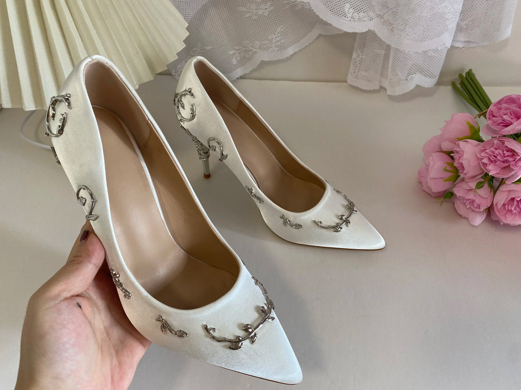 Luxury Leaves Metal Heel Pumps Women Shoes Pointed Toe Blue White Pink Black Silk Stiletto High Heels Wedding Bride Shoes 10cm