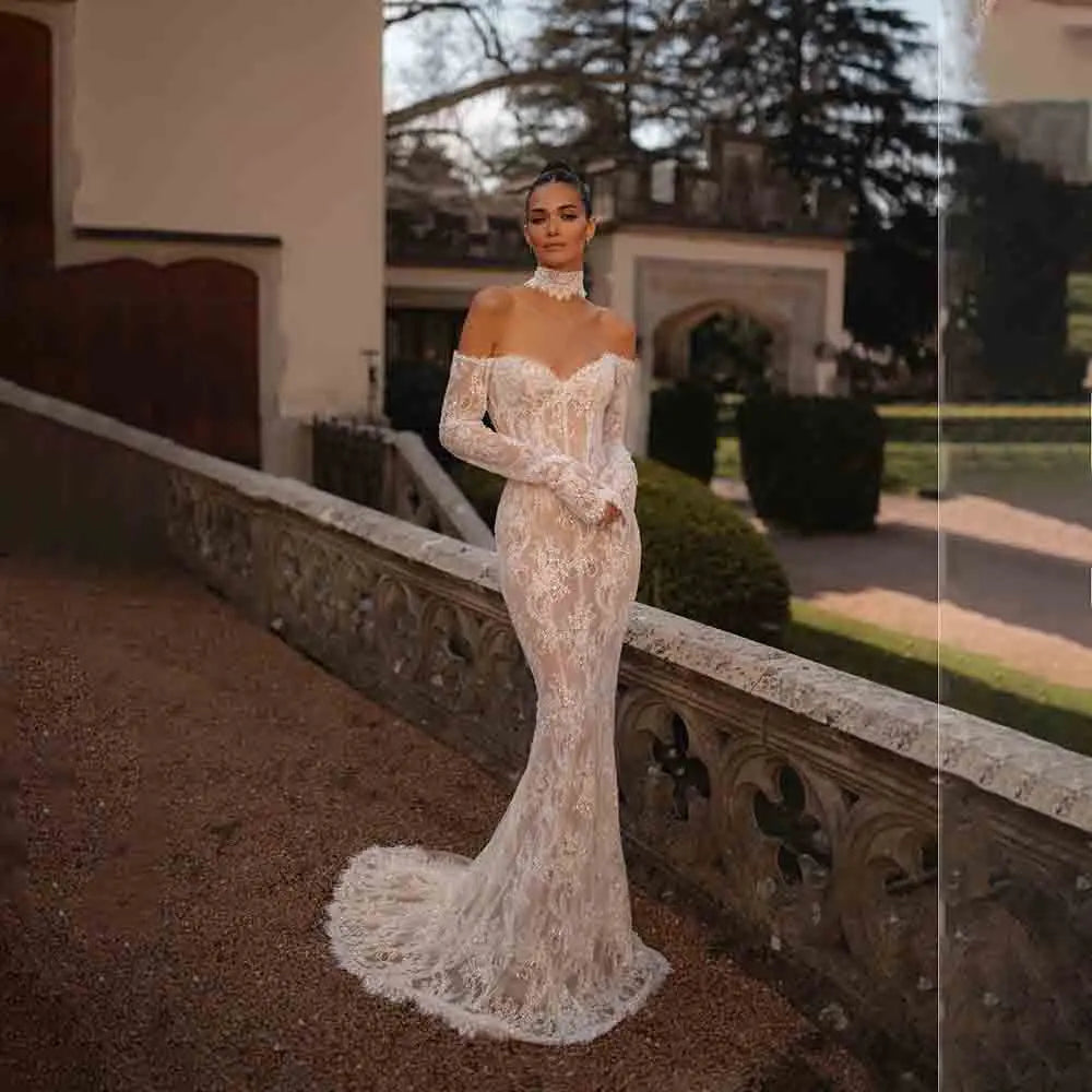 Beaded Lace Off-Shoulder Long-Sleeve Mermaid Wedding Dress