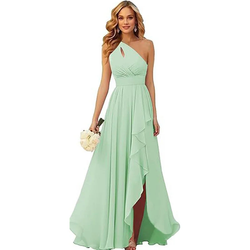 A Line Chiffon Bridesmaid Dresses One Shouder Slit Pleat Elegant Wedding Party Formal Prom Evening Lace Up Back