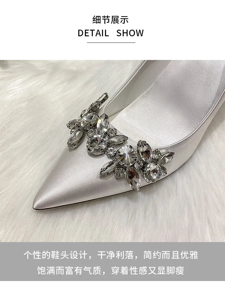 New White Champagne Women Bridal Wedding Shoes Faux Silk Satin Rhinestone Crystal Shallow Pumps Stiletto High Heel