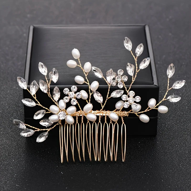 Handmade Pearl Leaf Hair Comb Fashion Alloy And Rhinestone Hairpin Bridal Wedding Hair Accessories Jewelry Hair Comb