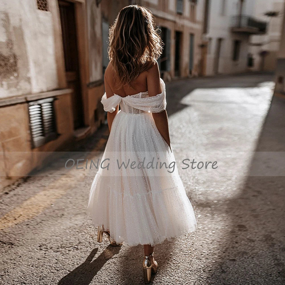 Short Boho Off-Shoulder Tea Length Wedding Dress