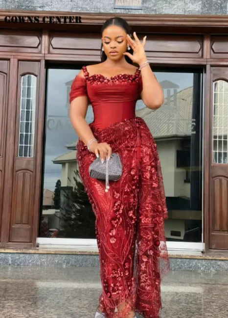 Fabulous Brown Lace Evening Dresses African Traditional Wedding Bride Dress Luxury Beads Lace Birthday Dress Asoebi Costomized