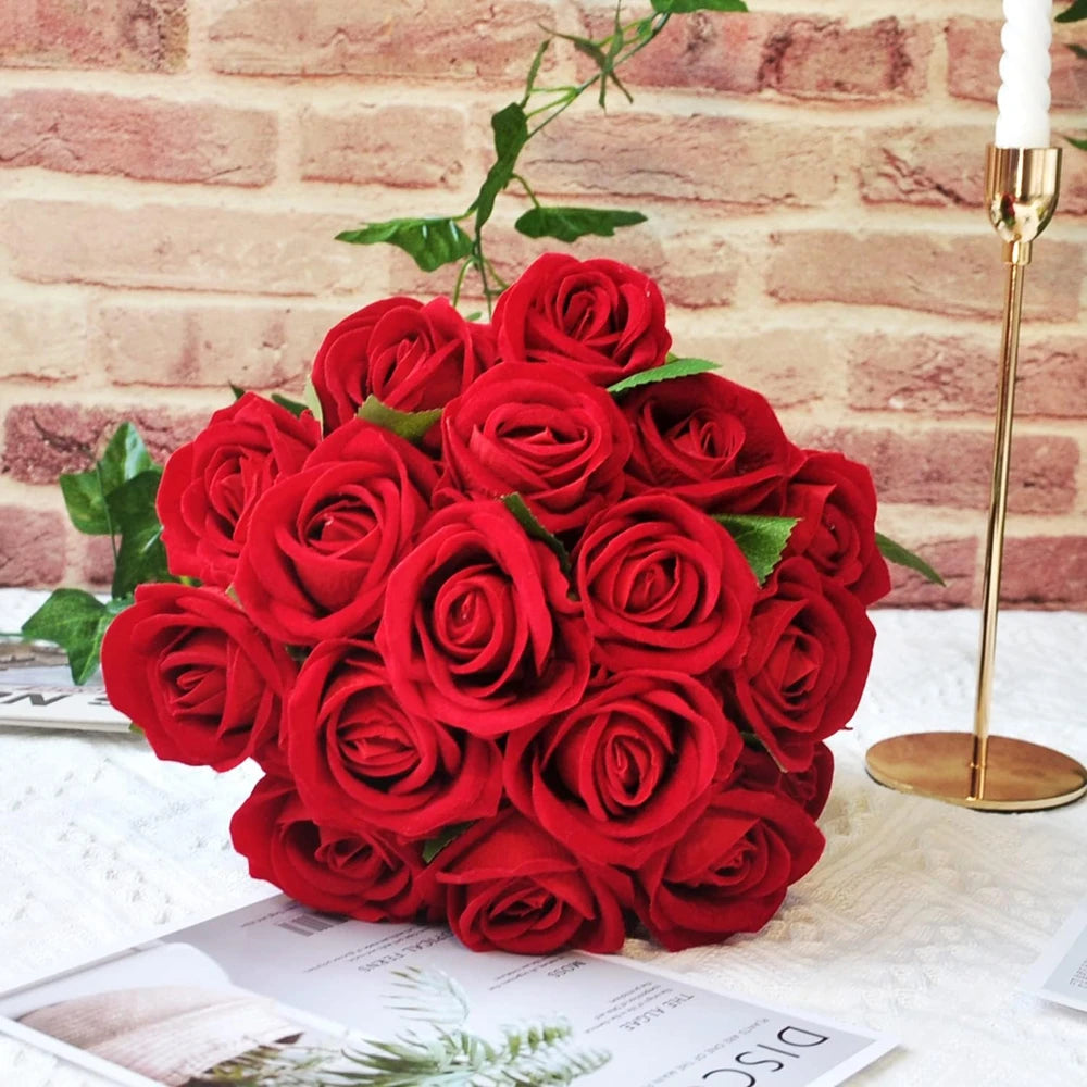 10pcs Artificial Flowers Silk Roses Long Branch Valentine's Day Bridal Bouquets Wedding Home Vase Table Decorations DIY Gift Box
