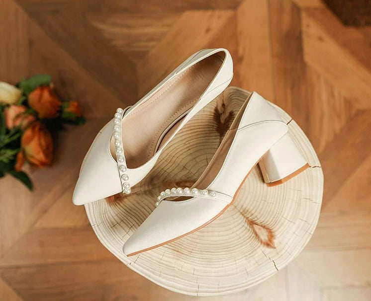 With Medium Heels Shoes for Women 2025 Wedding Bride Shoe White Ladies Summer Footwear Pearl Office Slip on Lastest Casual Trend