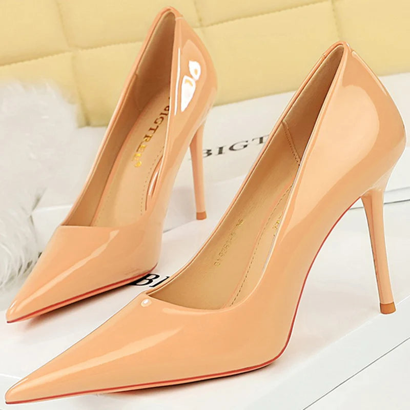 Women 9.5cm High Heels Pumps Wedding Bridal Classic Scarpins High Stiletto Heels Lady Nude Black White Glossy Leather Prom Shoes