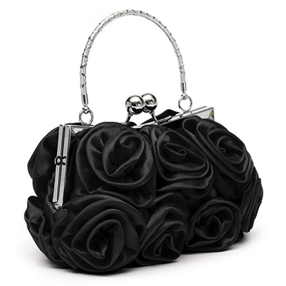 Women Girls Silk Rose Flower Handbag Wedding Bridal Clutch Bag Metal Chain Shoulder Bag Lady Crossbody Bags Purse Chic Tote Bag