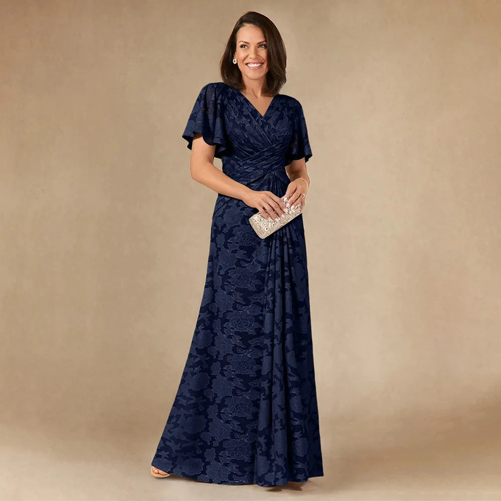 Mother of the Bride Dress 2026 Elegant Lace Mother Dresses V Neck Short Sleeve Wedding Guest Dress Pleated Chiffon Evening Gown