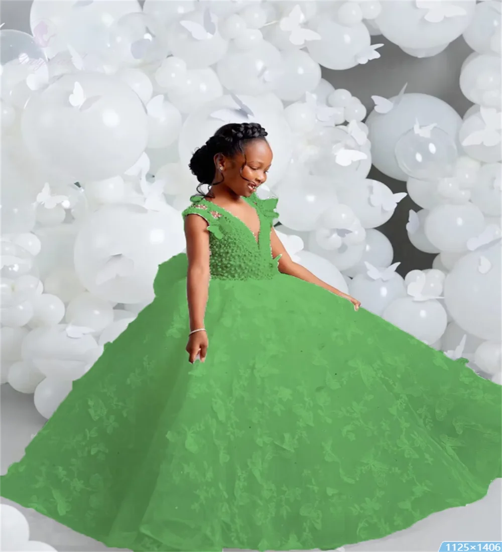 V-Neck Butterfly Pearl Flower Girl Dress