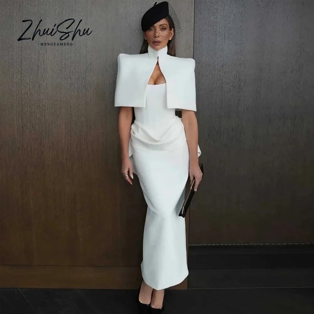 Vintage Wedding Guest Dress with Cape Elegant White Party Evening Gowns Mermaid White Cocktail Dresses Ankle-length Customized