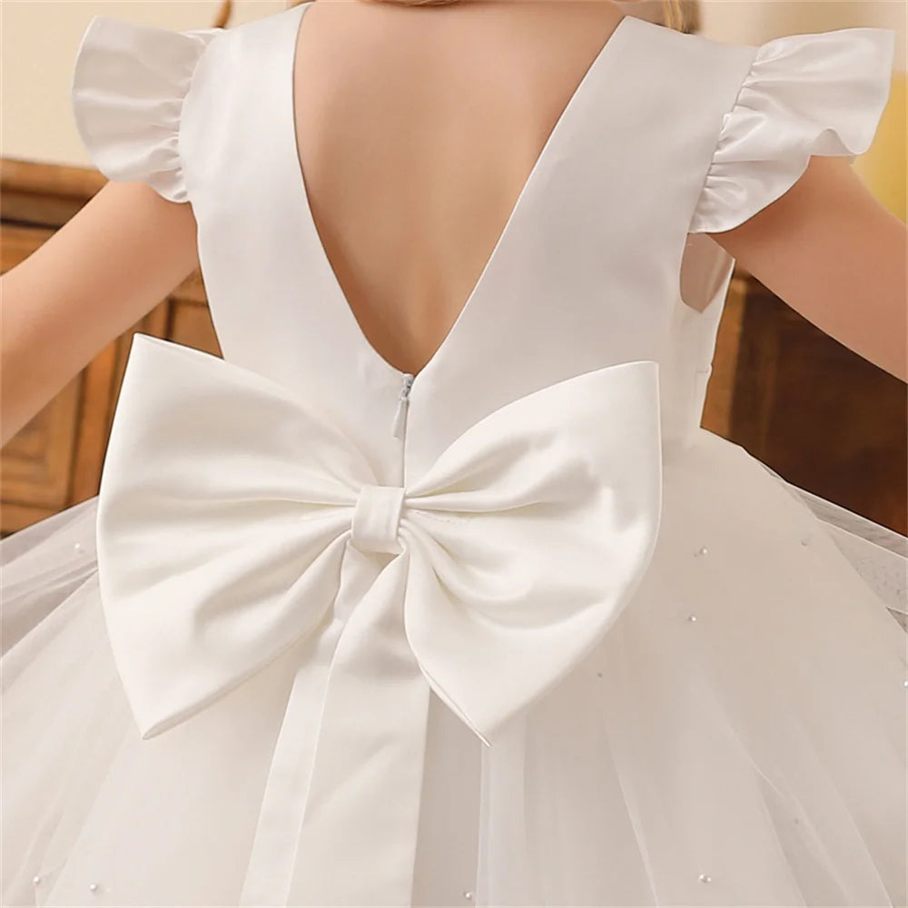 Backless Bow Flower Girl Tulle Dress