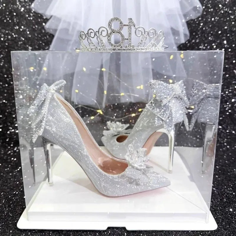 Crystal Bow Princess High Heels Silver Single Shoes Women Pointed Toe Stiletto Main Veil Bridal Wedding Shoes