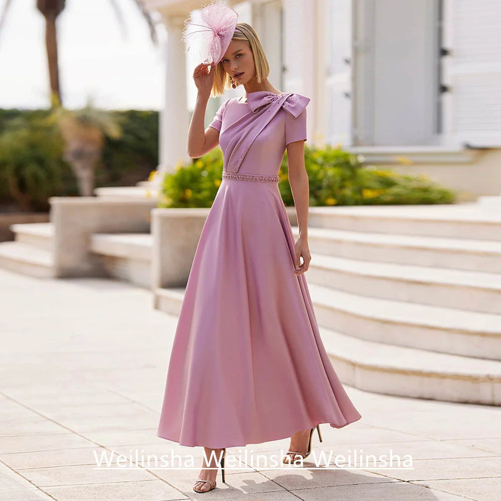 Customized Mother of The Bride Dress Elegant Short Sleeves Beading Pearls Bow A Line Ankle Length Satin Guest Woman Party Gown
