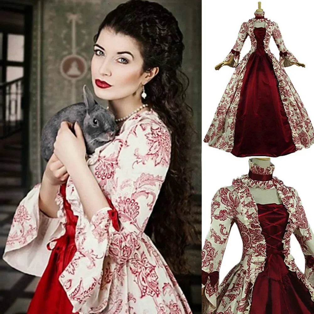 Marie Antoinette DressVintage Long Women Lace-Up Medieval Ruffles Bow Vintage Victorian Carnival Maxi Dress Patchwork Floral Fem
