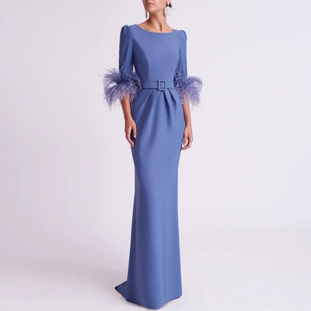 Customized Wedding Dresses Mother of the Bride Jersey Sheath/Column Evening Dress Blue O-Neck Pleat Belt Feather Prom Dress Long