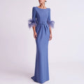 Customized Wedding Dresses Mother of the Bride Jersey Sheath/Column Evening Dress Blue O-Neck Pleat Belt Feather Prom Dress Long