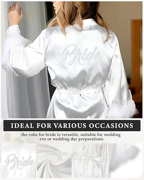 Long Satin Feather Trim Bridal Robe