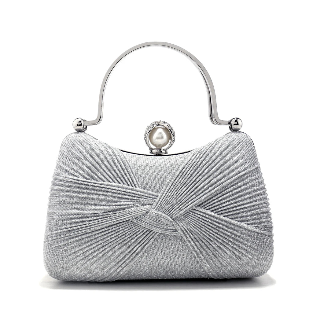 Bow Design Ruched Fashion Women Evening Bags Pink Color Sequined Glitter Metal Pearl Handbags Banquet Lady Wedding Bridal Purse