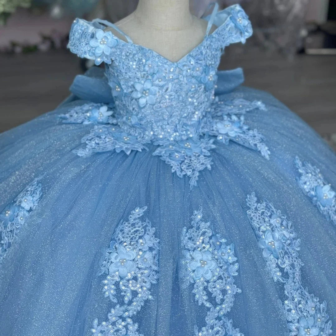 Sequined Blue Flower Girl Dress