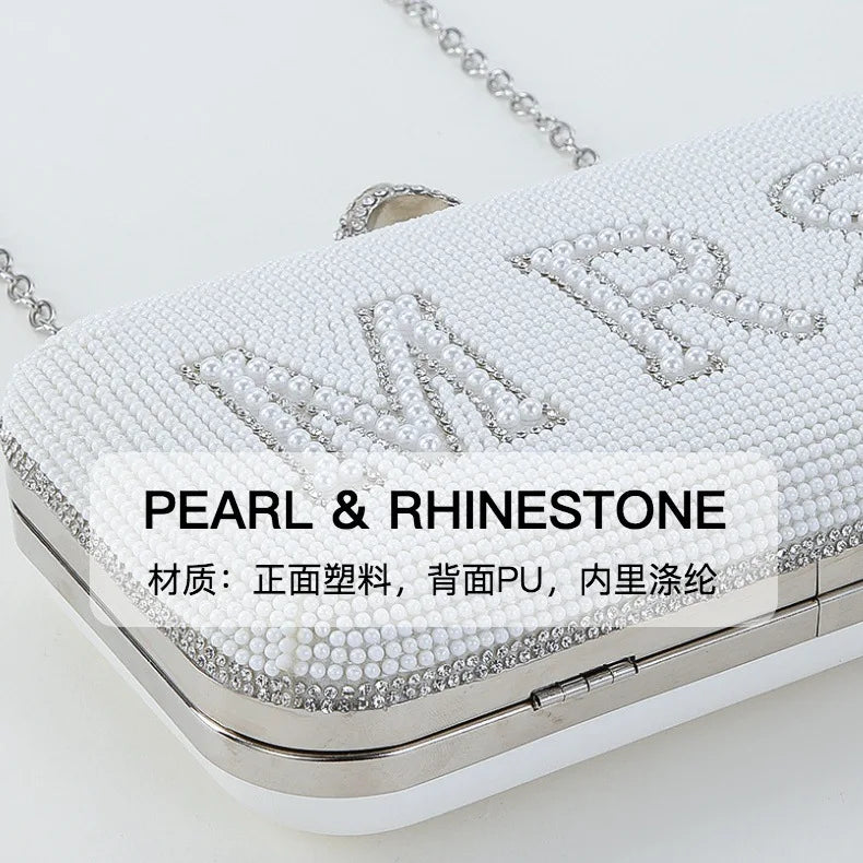 Pearl BRIDE Clutch Purse White Rhinestone Shoulder Handbags Bridal Wedding Evening Bag Ladies Party Decoration MRS Gift Present