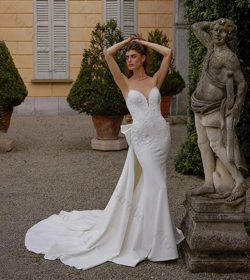 V-Neck Satin Mermaid Wedding Dress with Bow
