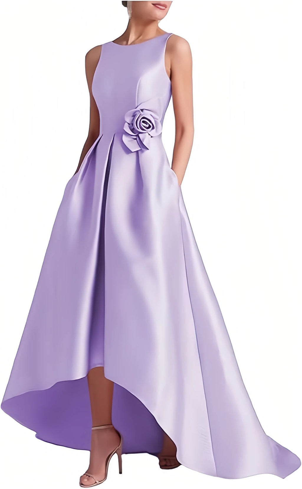 Satin Hi-Low Mother of The Bride Dresses Crew Neck Formal Dress A Line Elegance Wedding Guest Dress with Pockets