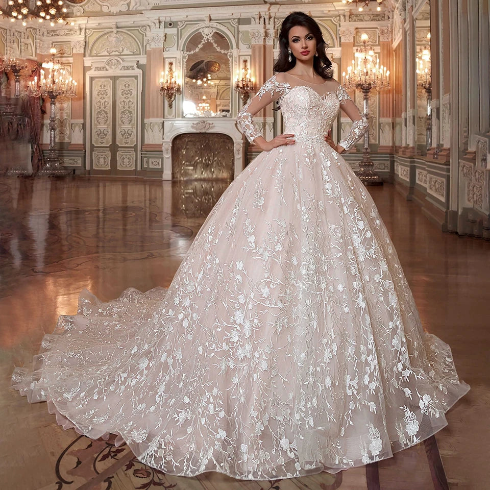 2026 Luxury Wedding Dresses Ball Gown With Embroidery O-Neck Illusion Long Sleeves Bridal Gowns Lace Appliques Vestido De Noiva