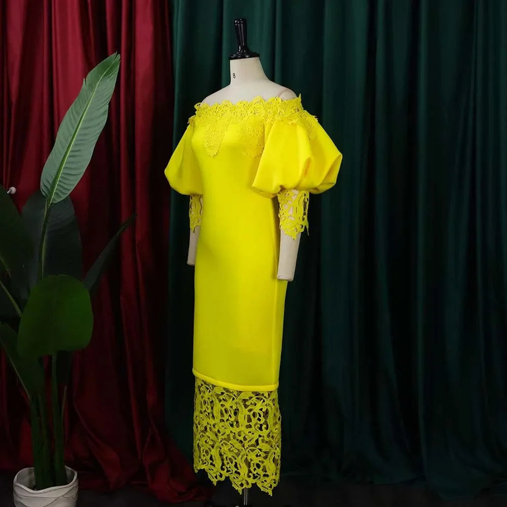Off-Shoulder Lantern Sleeve Lace Sheath Dress